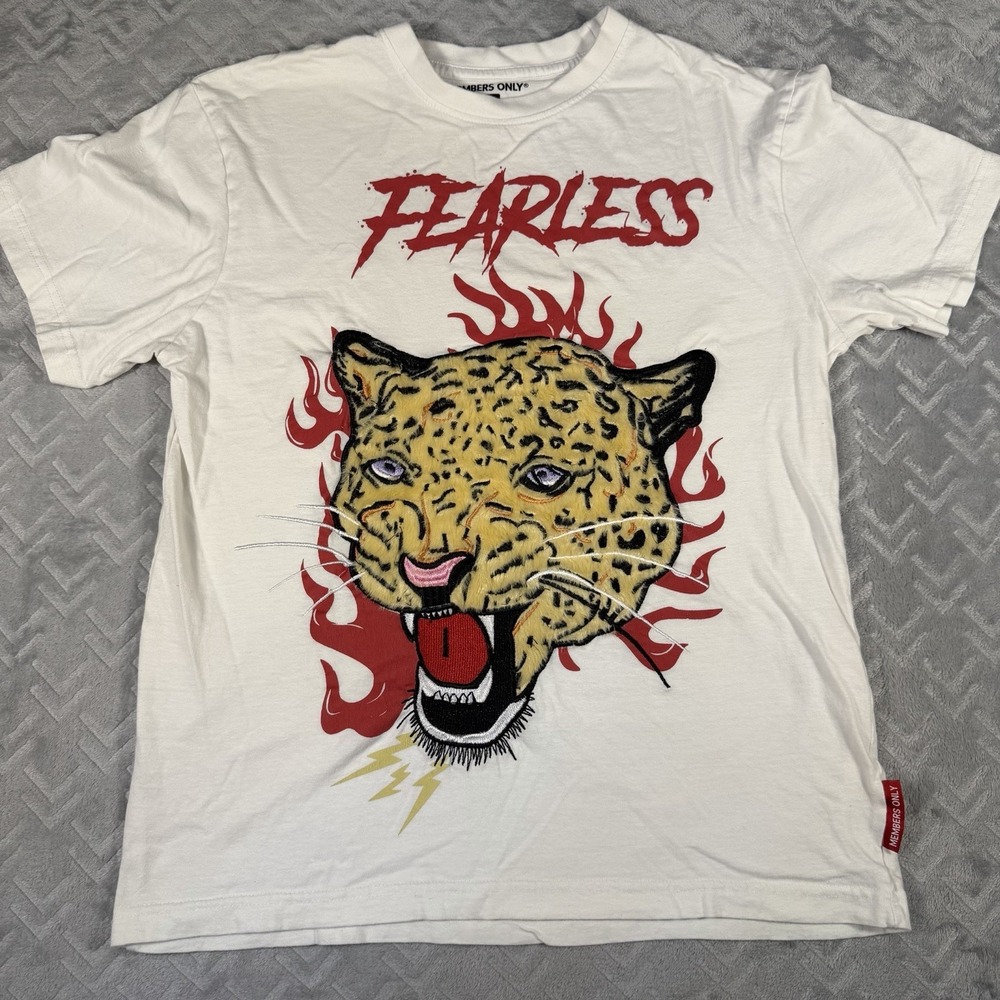 Members Only Men's Fearless Fuzzy Leopard T-Shirt Short Sleeve White Small Tee